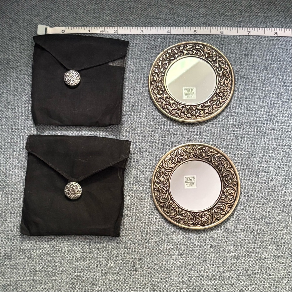 Set of 2 Elegant Silver Decorative Mirrors – Intricate Designs + Storage Pouches